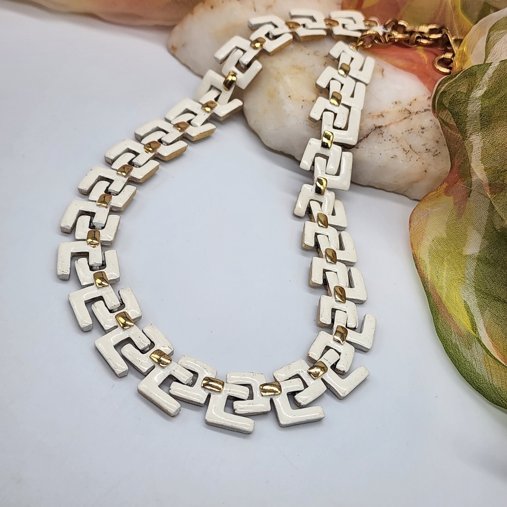 Gold Necklace Statement Gold Greek Key White Enamel Link Chain Chunky Bold - Picture 7 of 13